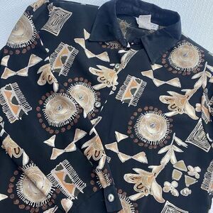 Studio C Large Tribal Art Aztec African Lagenlook Button Down Long Sleeve Tunic